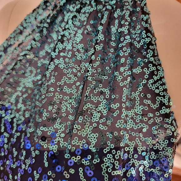 Blue Ombre Sequin Halter Dress w/ Beaded Waistband Prom Formal - Picture 12 of 13